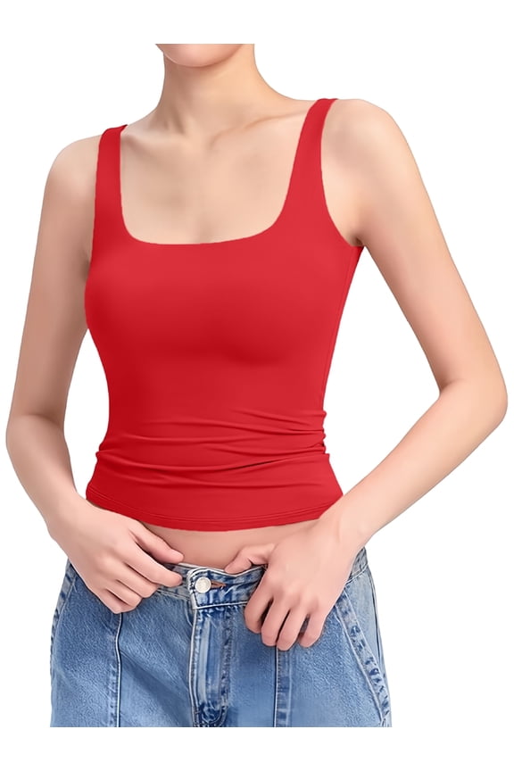Women'S Square Neck Tank Top Sleeveless Double Lined Basic Tops Red L