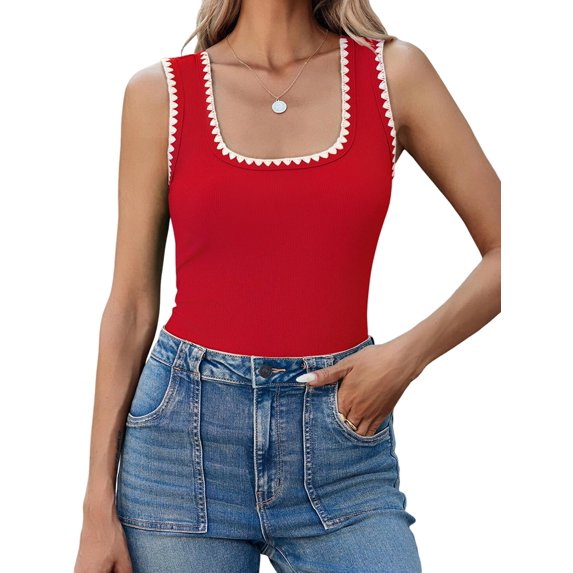 Women'S Square Neck Tank Tops Summer Sleeveless Shirts Casual Slim Fitted Color Block Ribbed Tanks Red L