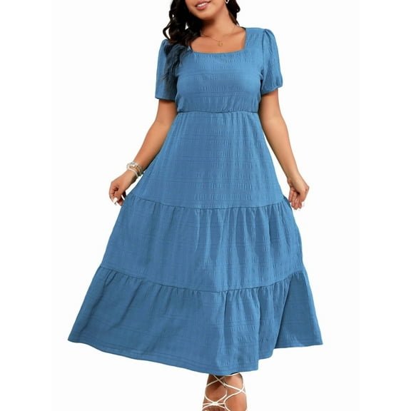 Women'S Square Neck Tiered Swing Maxi Dress Loose Fit Casual Smocked Back Sleeveless Beach Sun Dresses Sea Blue L