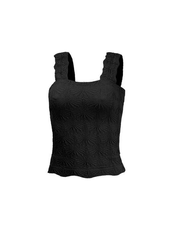 Women'S Square Neck Wide Strap Crop Tank Tops Flower Going Out Tops Slim Fit Lettuce Trim Crop Tops Black L