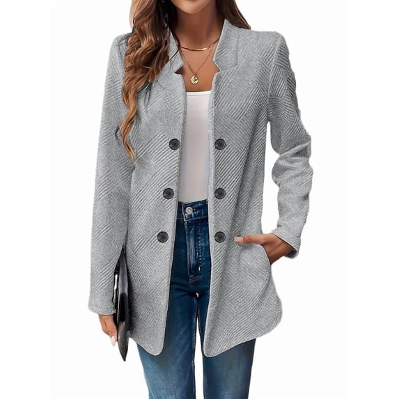 Women'S Stand Collar Blazer Jacket Casual Long Sleeve Double Breasted Elegant Business Office Blazer Grey M