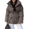 thumbnail image 1 of Women'S Stand Collar Cotton Padded Coat with Belt for Warmth Waist Tie Pockets Winter Jacket Brown S, 1 of 8