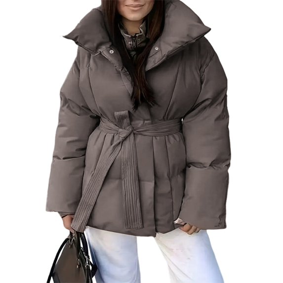 Women'S Stand Collar Cotton Padded Coat with Belt for Warmth Waist Tie Pockets Winter Jacket Brown S