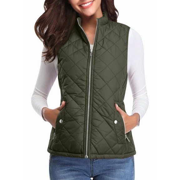 Women'S Stand Collar Zipper Padded Quilted Vest with Pockets Army Green XL