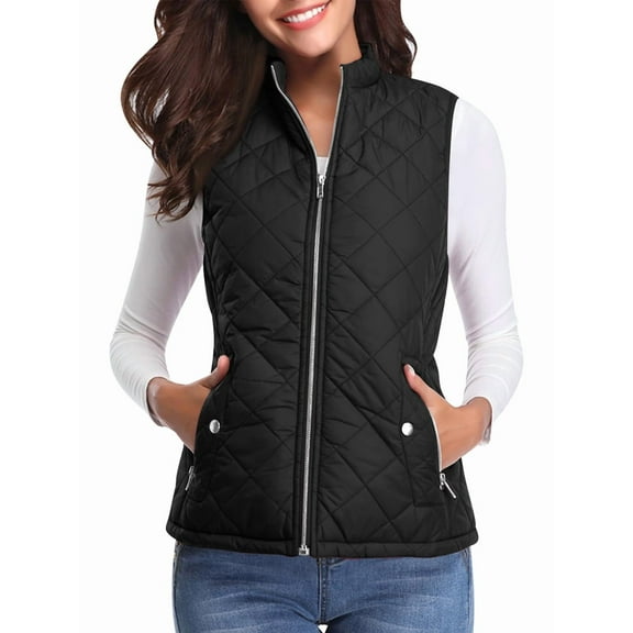 Women'S Stand Collar Zipper Padded Quilted Vest with Pockets Black L