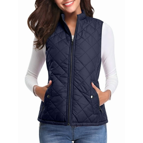 Women'S Stand Collar Zipper Padded Quilted Vest with Pockets Dark Blue L