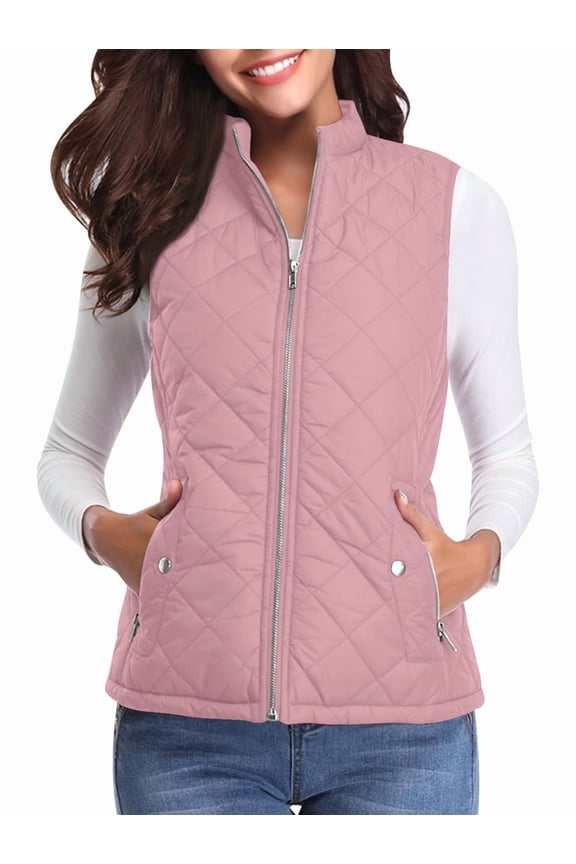 Women'S Stand Collar Zipper Padded Quilted Vest with Pockets Pink M