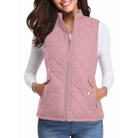 Women'S Stand Collar Zipper Padded Quilted Vest with Pockets Pink M