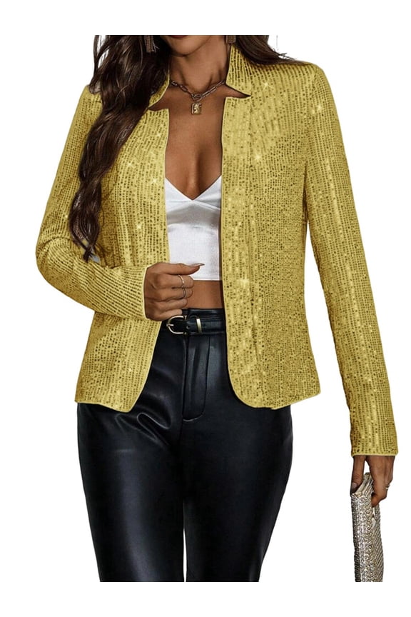 Women'S Stand Up Collar Cardigan Trendy Sparkly Long Sleeve Cropped Casual Sequin Jacket Gold XL