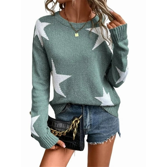 Women'S Star Pattern Crew Neck Drop Shoulder Casual Sweater Pullover Knitwear Green L