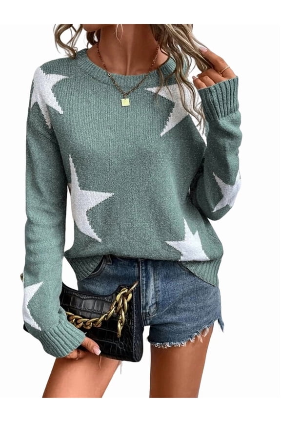 Women'S Star Pattern Crew Neck Drop Shoulder Casual Sweater Pullover Knitwear Green XL