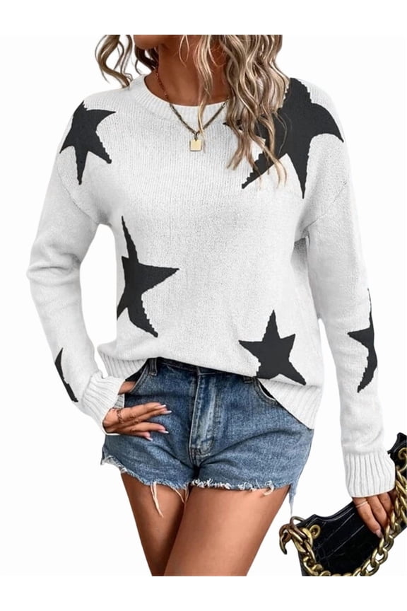 Women'S Star Pattern Crew Neck Drop Shoulder Casual Sweater Pullover Knitwear White L