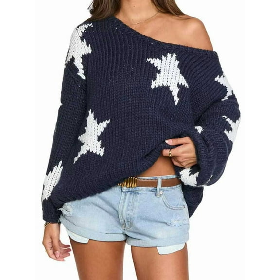Women'S Star Pattern V-Neck Batwing Sleeve Off-Shoulder Casual Sweater Pullover Dark Blue S