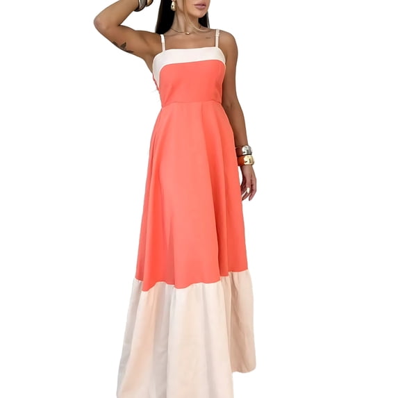 Women'S Strap Dress Spring and Summer European and American Style Sleeveless Color Contrasting Long Dress Red XL