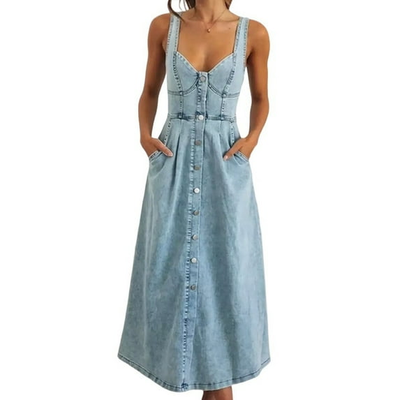 Women'S Strap Maxi Denim Dress Summer Sleeveless Halter Bodycon Maxi Dresses Light Blue L