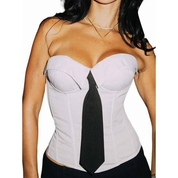 Women'S Strapless Corset Top for Office Chic, Preppy Corset with Ribbon Detailing, Streetwear Chic White M