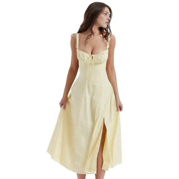 Women'S Strapless High Split Long Maxi Dress Ruched Suspender Sleeveless Bodycon Party Cocktail Dresses Light Yellow XL