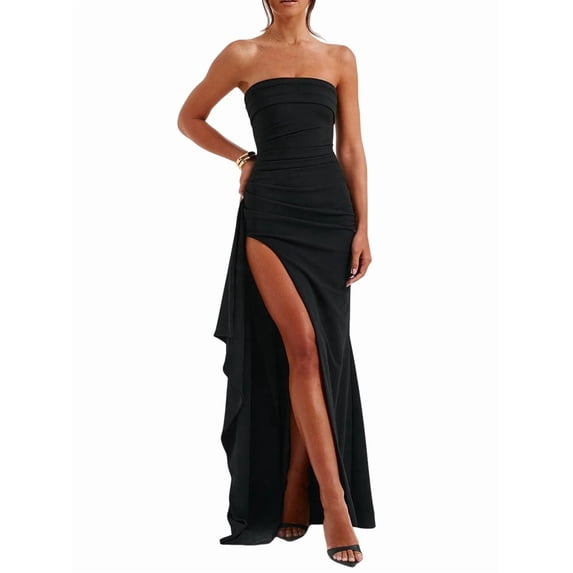 Women'S Strapless Tube Dress Backless Ruched Split Bodycon Cocktail Maxi Dresses Black L