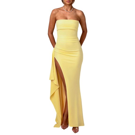 Women'S Strapless Tube Dress Backless Ruched Split Bodycon Cocktail Maxi Dresses Light Yellow L