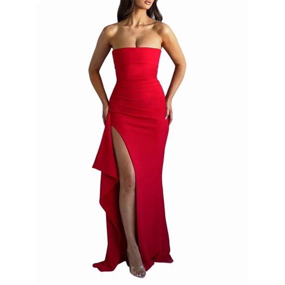 Women'S Strapless Tube Dress Backless Ruched Split Bodycon Cocktail Maxi Dresses Red M