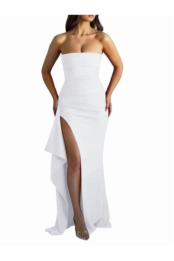 Women'S Strapless Tube Dress Backless Ruched Split Bodycon Cocktail Maxi Dresses White L