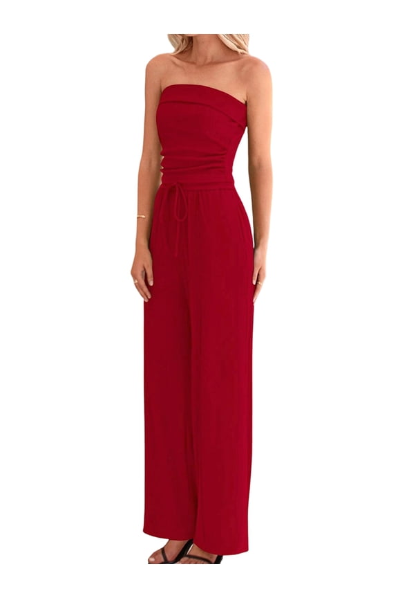 Women'S Strapless Tube Top Drawstring Wide Leg Two Piece Casual Outfit Set with Pockets Red M