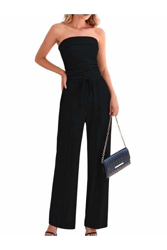 Women'S Strapless Tube Top Drawstring Wide Leg Two Piece Casual Outfit Set with Pockets