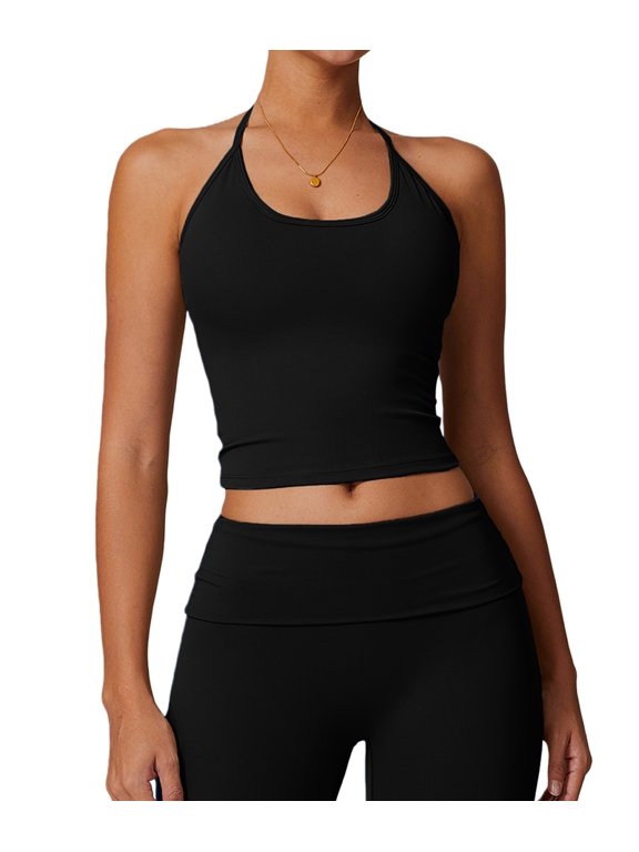 Women'S Strappy Halter Back Sports Bra with Removable Pads Fitness Yoga Tank Top Slim Fit