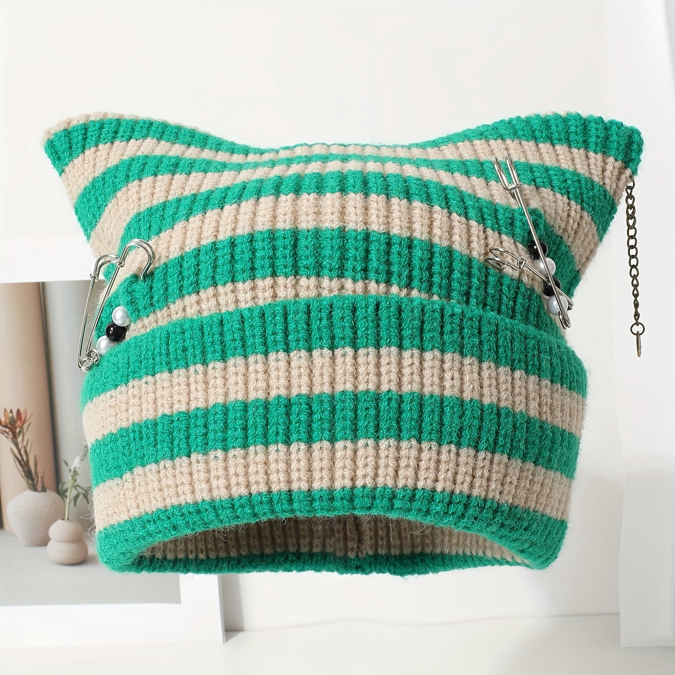 Women'S Stretchy Beanie Hat - Mint Green & Beige Striped Winter Ear Warmer with Metallic Chain-like Pins, Breathable Beanie for Cold Weather, Everyday & Formal Outfits - Cute Ear Accessory