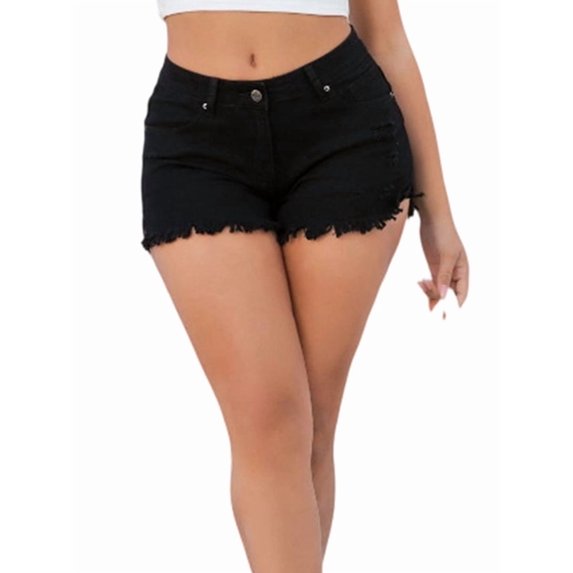 Women'S Stretchy Cotton Denim Shorts, Mid Rise with Ripped Details and Frayed Hem Black XL