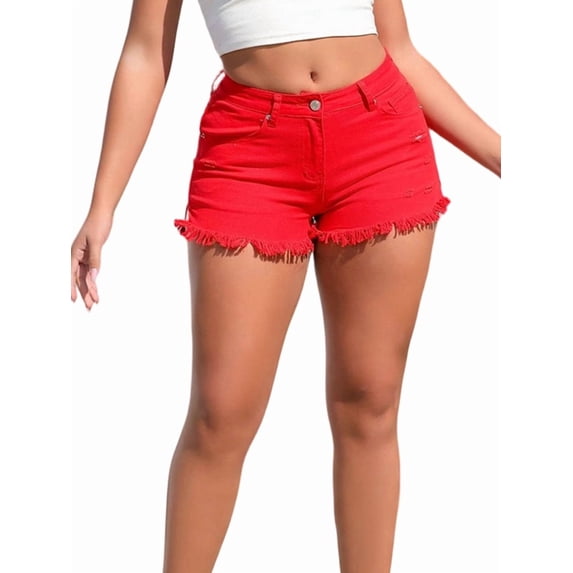 Women'S Stretchy Cotton Denim Shorts, Mid Rise with Ripped Details and Frayed Hem Red S