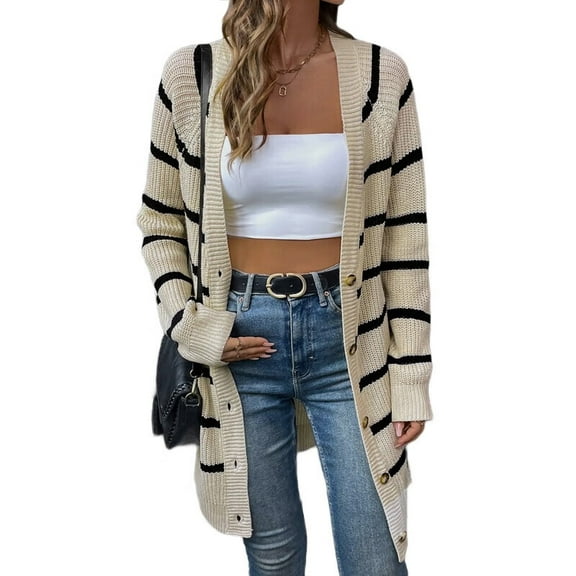 Women'S Stripe Button Long Cardigan Sweater Casual Fall Knit Sweater Apricot L