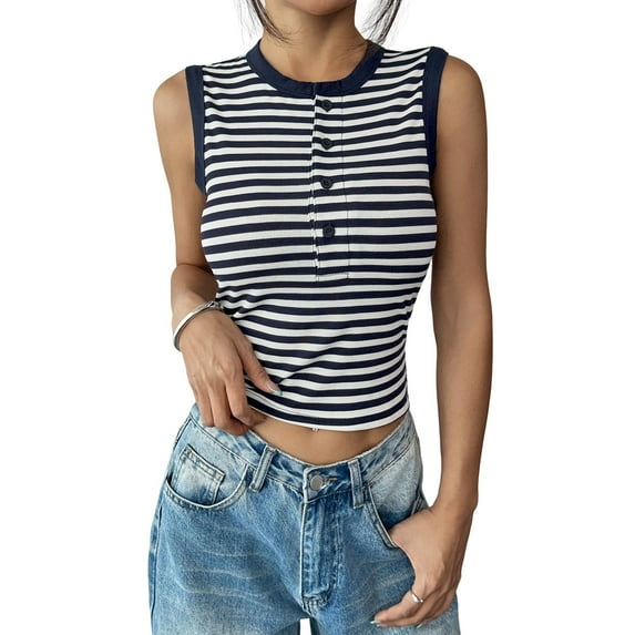 Women'S Stripe Ribbed Knit Tank Tops Summer Casual Slim Fit Sleeveless Tops for Daily Wear Navy Blue L