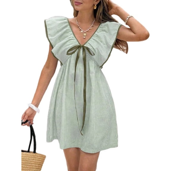 Women'S Stripe Ruffle V Neck Knot Front Mini Dress Cap Sleeve Cute Flowy Dresses Green XL