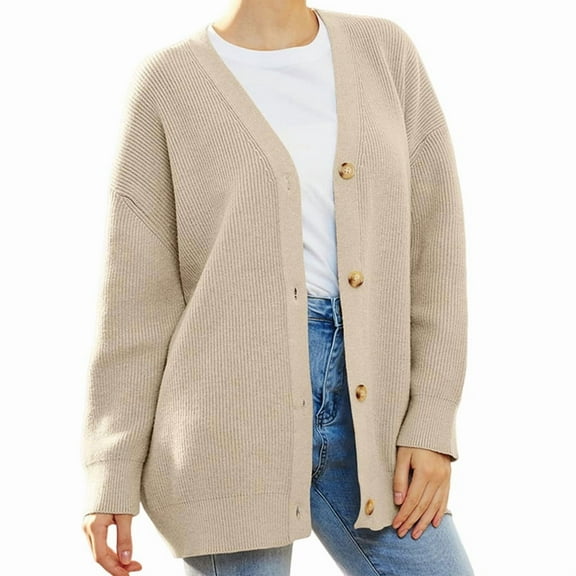 Women'S Stripe Sweaters Oversized Button Sweaters V Neck Loose Knit Outerwear