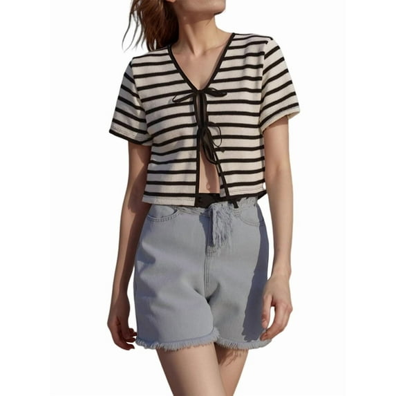 Women'S Stripe Tie Front Short Sleeve Crop Cardigan Shrug Sweater Top XL