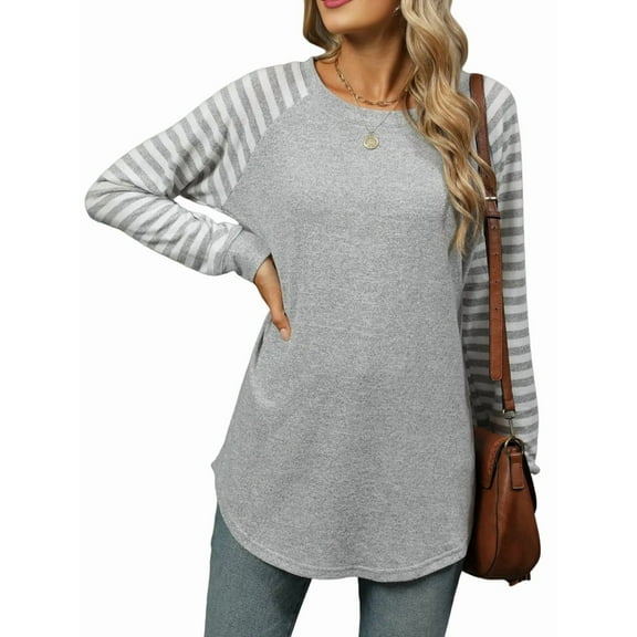 Women'S Stripe Tunic Tops Casual Long Sleeve Shirts Round Neck Pullover Light Gray M