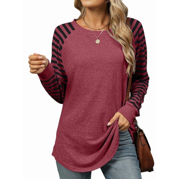 Women'S Stripe Tunic Tops Casual Long Sleeve Shirts Round Neck Pullover Wine Red XL