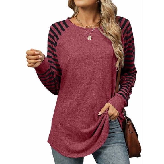 Women'S Stripe Tunic Tops Casual Long Sleeve Shirts Round Neck Pullover Wine Red XXL