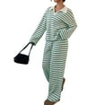 thumbnail image 1 of Women'S Striped 2 Piece Lounge Set Casual Long Sleeve T-Shirt Wide Leg Pants Matching Pajamas Set Green S, 1 of 9