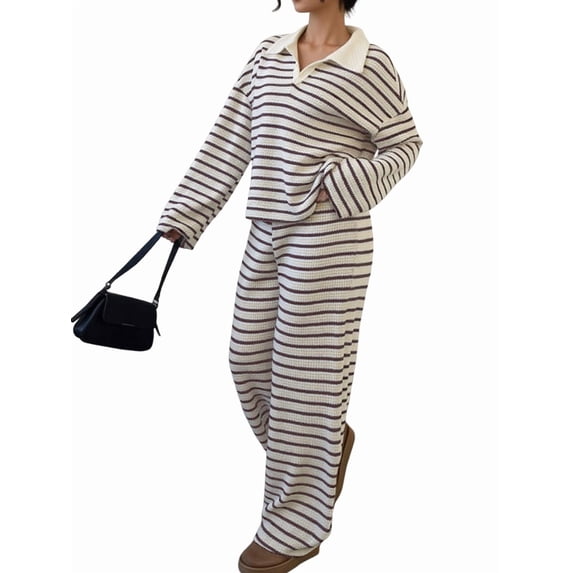 Women'S Striped 2 Piece Lounge Set Casual Long Sleeve T-Shirt Wide Leg Pants Matching Pajamas Set Brown S