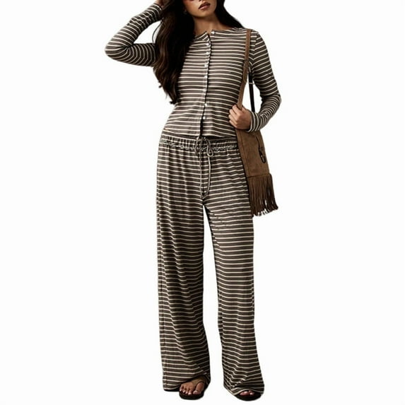 Women'S Striped 2 Piece Pants Outfits Long Sleeve Button Down Knit Top Set Leisure Vacation Brown M