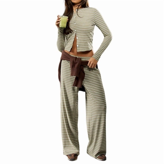 Women'S Striped 2 Piece Pants Outfits Long Sleeve Button Down Knit Top Set Leisure Vacation Green M