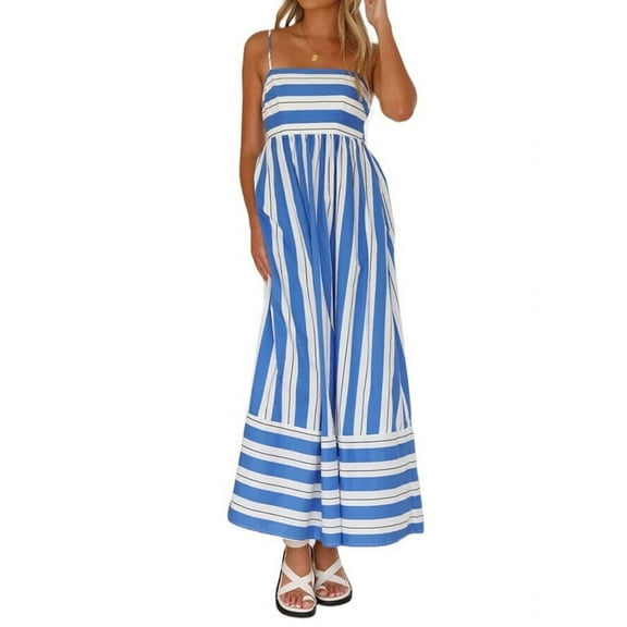 Women'S Striped Back Smocked Maxi Dress Spaghetti Strap Cut Out Flowy Swing Long Dress Blue L