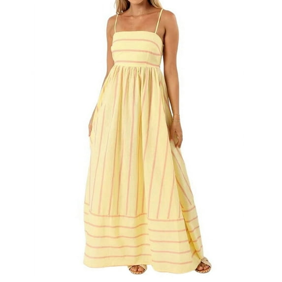 Women'S Striped Back Smocked Maxi Dress Spaghetti Strap Cut Out Flowy Swing Long Dress Yellow L