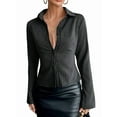 thumbnail image 1 of Women'S Striped Button Down Crop Shirt Long Sleeve Fitted Blouse Work Shirt Top Black XXL, 1 of 8