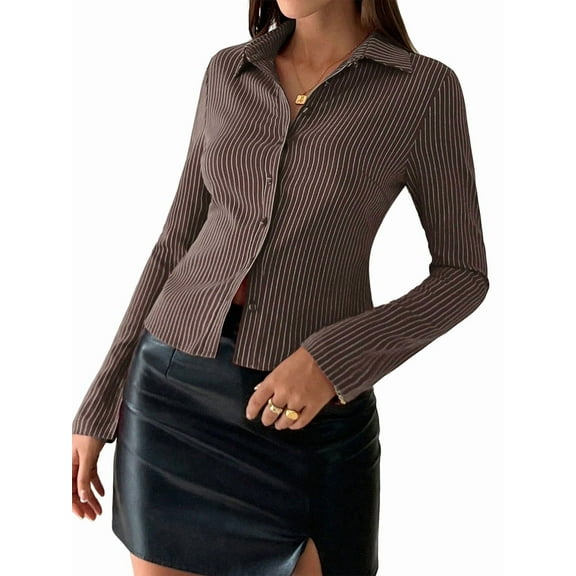 Women'S Striped Button Down Crop Shirt Long Sleeve Fitted Blouse Work Shirt Top Coffee Color XXL