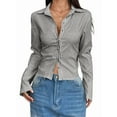 thumbnail image 1 of Women'S Striped Button Down Crop Shirt Long Sleeve Fitted Blouse Work Shirt Top Grey S, 1 of 7