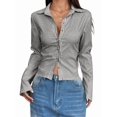thumbnail image 1 of Women'S Striped Button Down Crop Shirt Long Sleeve Fitted Blouse Work Shirt Top Grey XL, 1 of 7