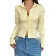 thumbnail image 1 of Women'S Striped Button Down Crop Shirt Long Sleeve Fitted Blouse Work Shirt Top Light Yellow M, 1 of 7
